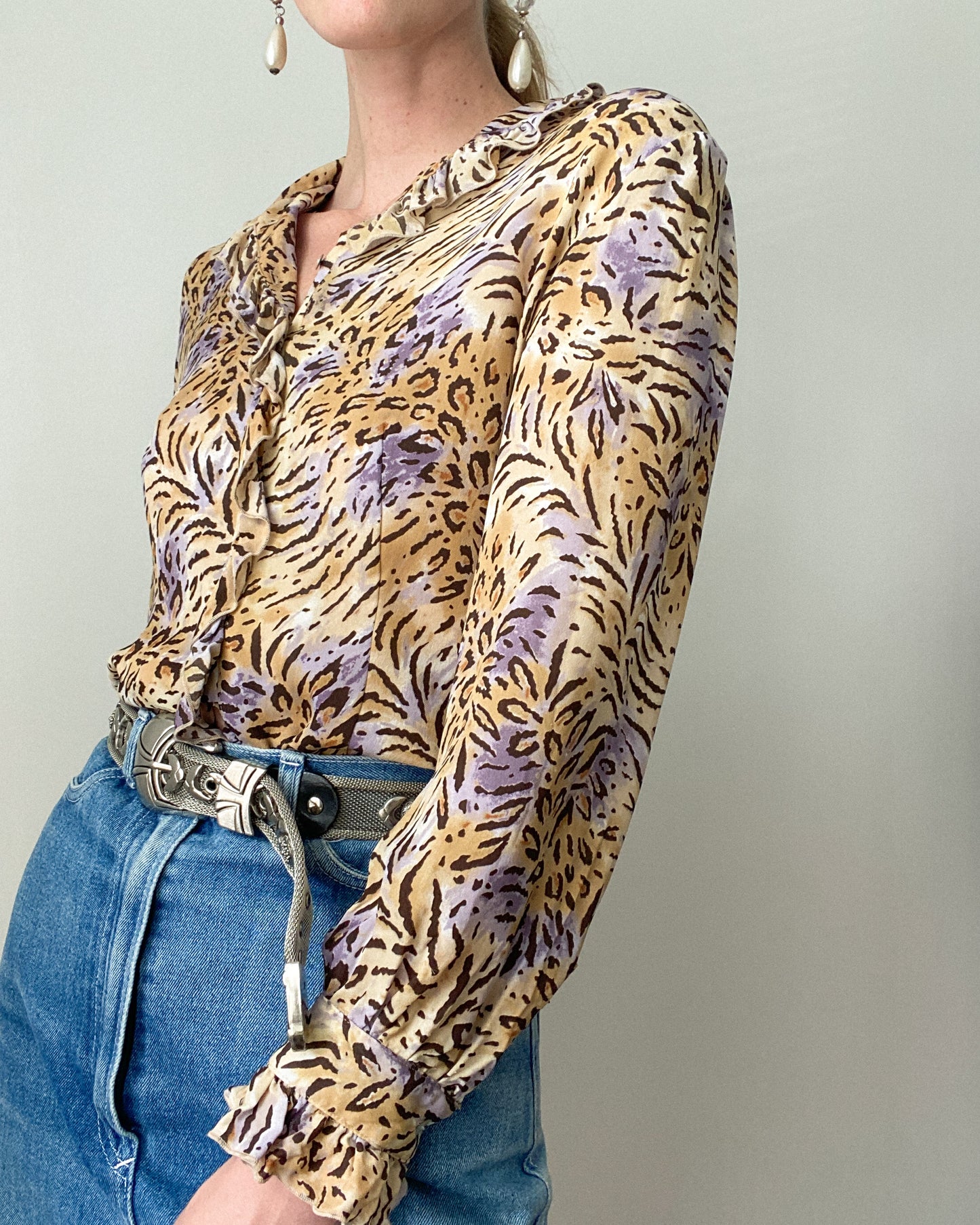 Frilly Animal Print Silk Blouse | Size M-L