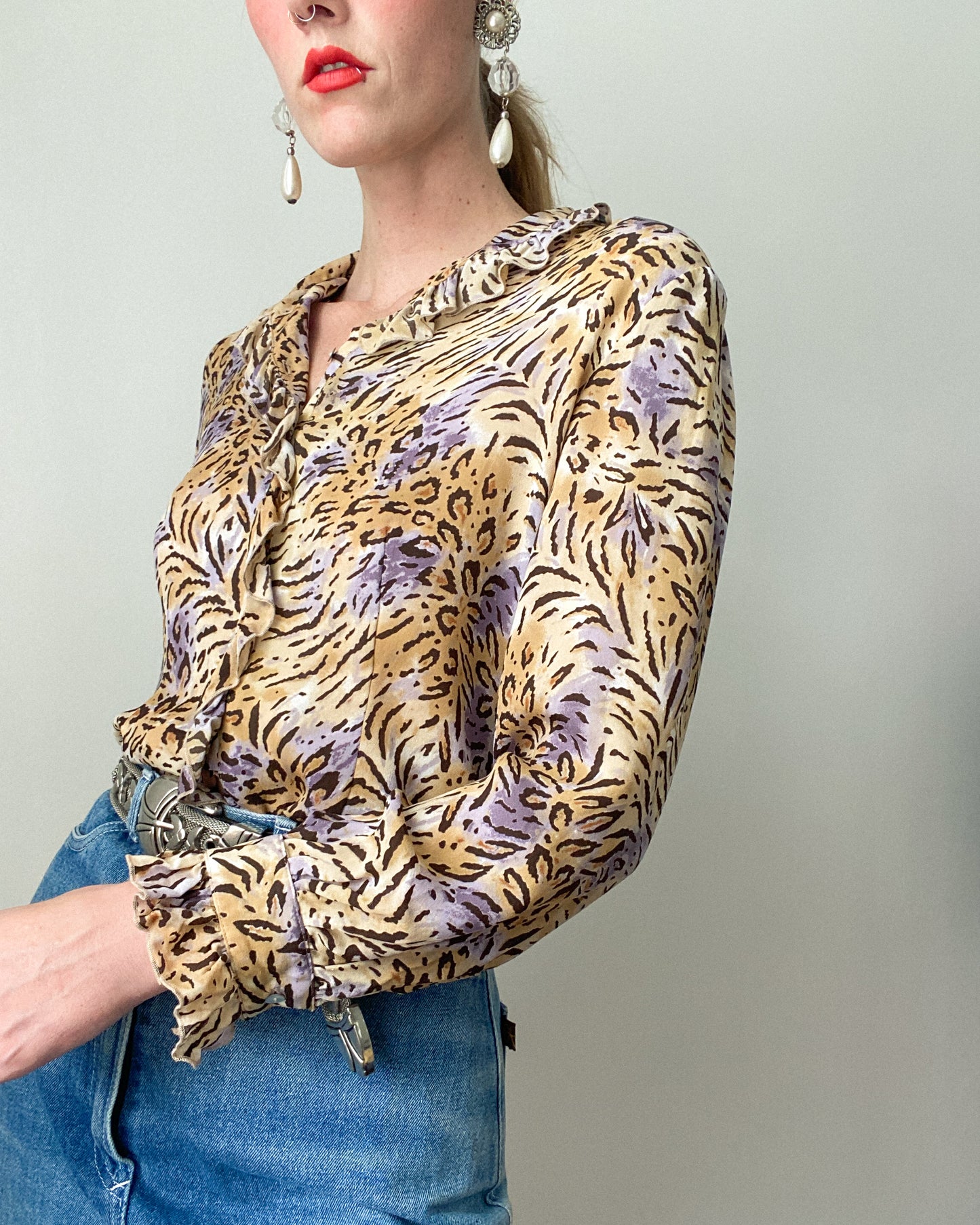 Frilly Animal Print Silk Blouse | Size M-L