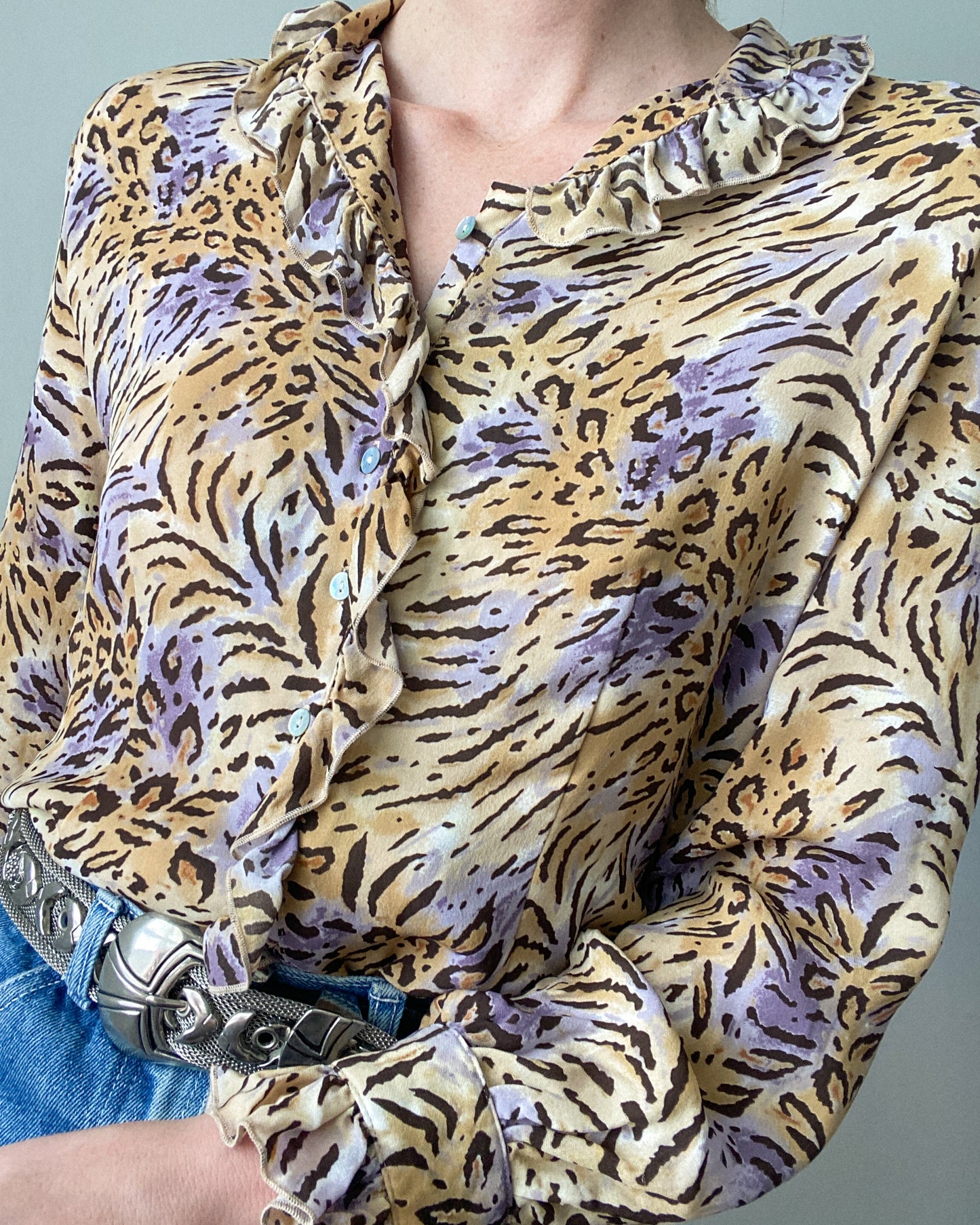 Frilly Animal Print Silk Blouse | Size M-L