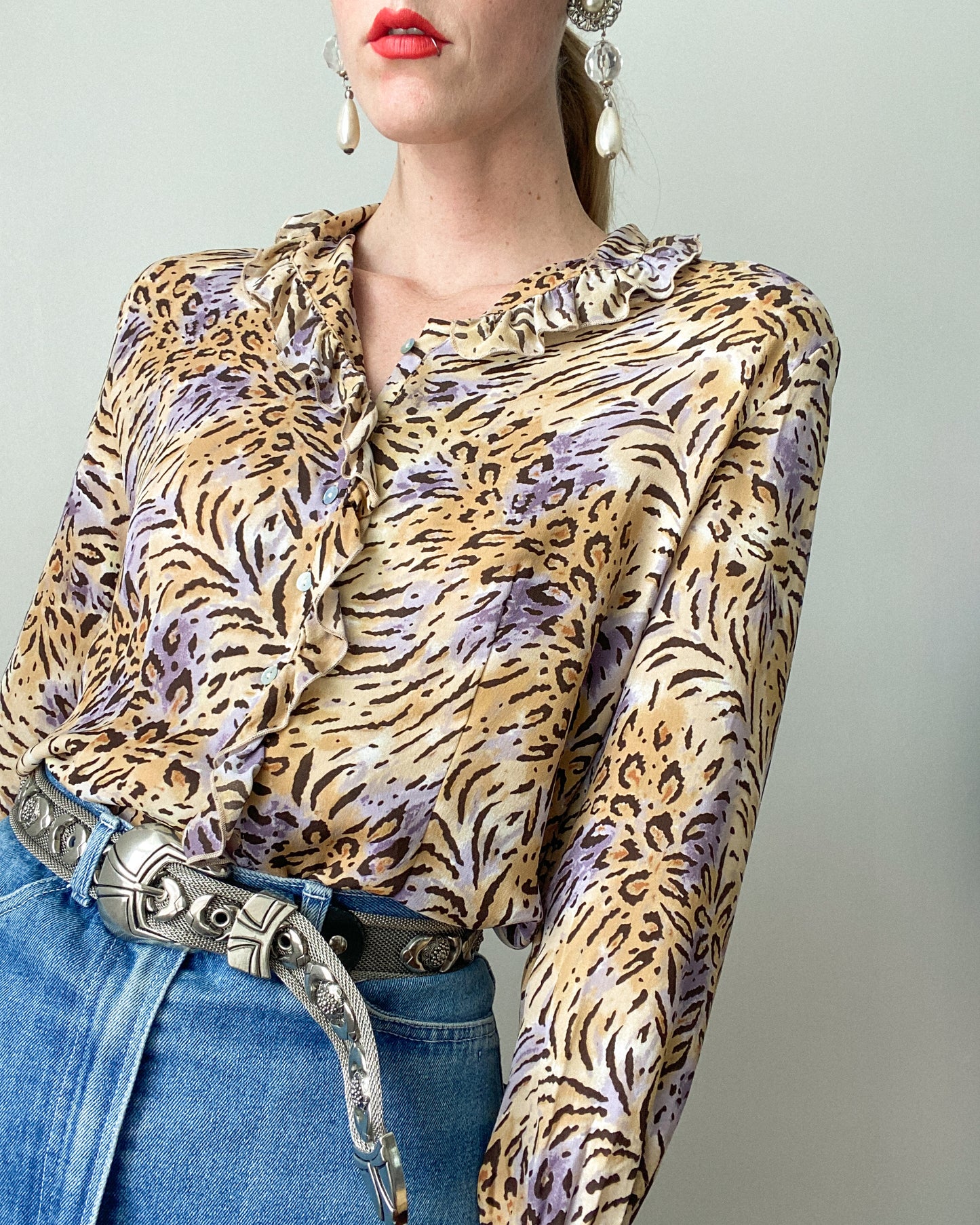 Frilly Animal Print Silk Blouse | Size M-L