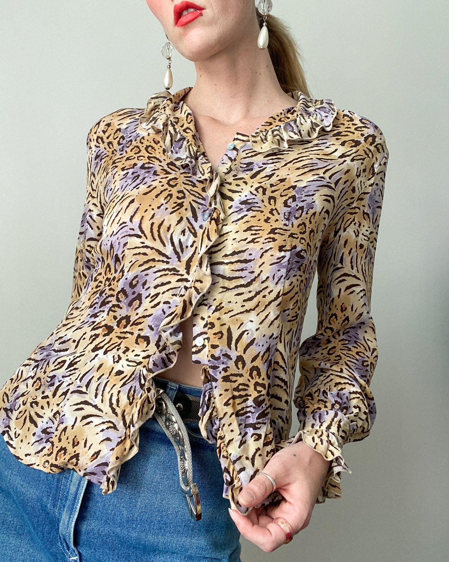 Frilly Animal Print Silk Blouse | Size M-L