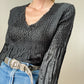 Y2K Black Crinkle Longsleeve Blouse | Size M