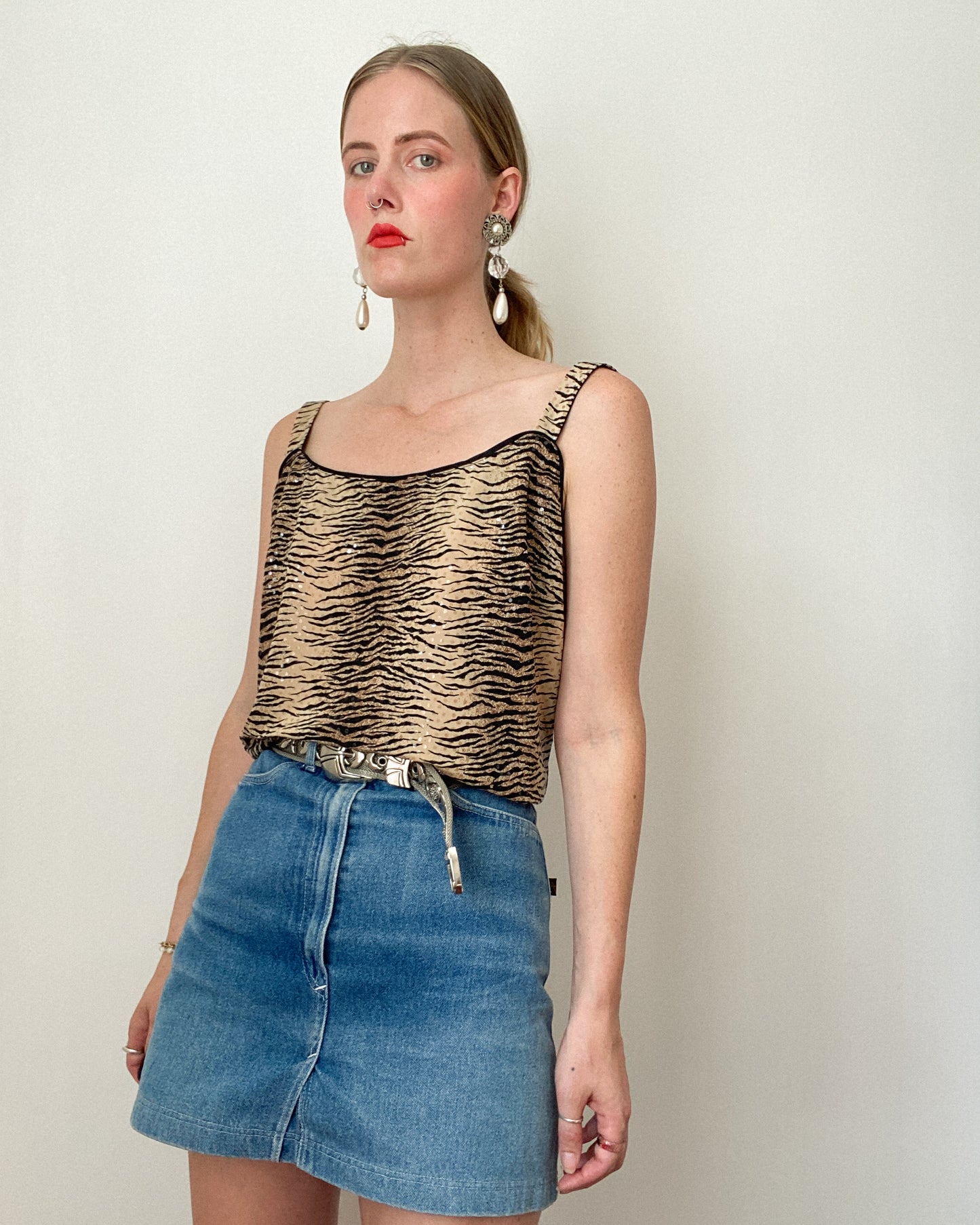 1990s Tiger Print & Sequin Tank Top| Size XL