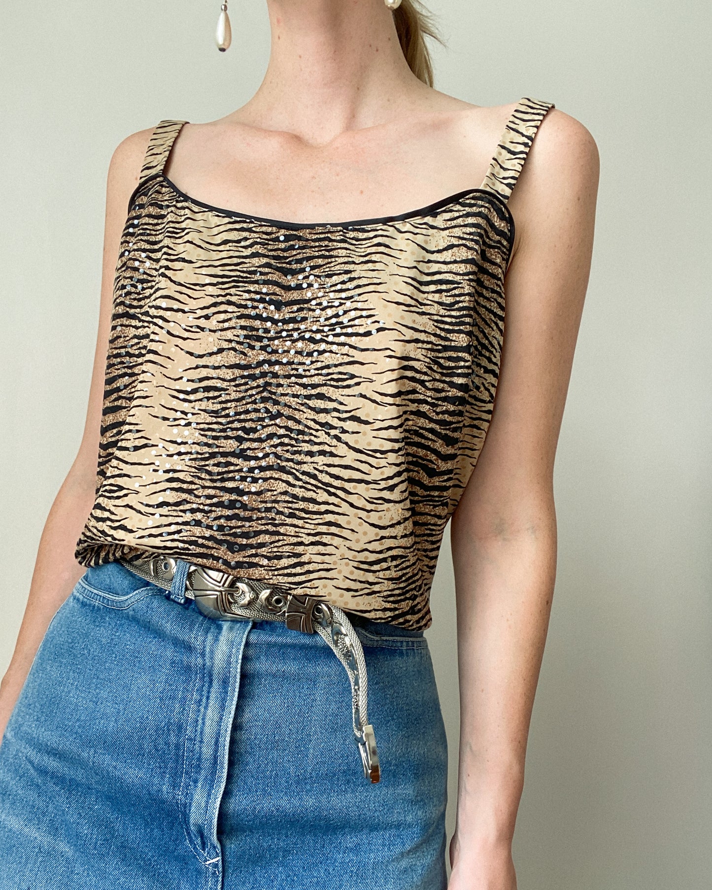 1990s Tiger Print & Sequin Tank Top| Size XL