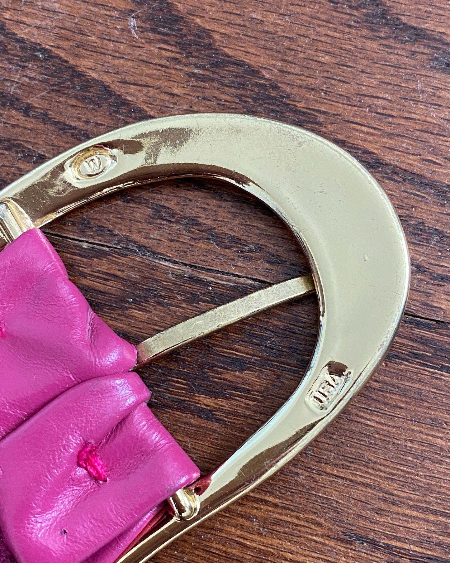 Vintage Magenta Leather Belt with Gold Buckle | 30-34" Waist