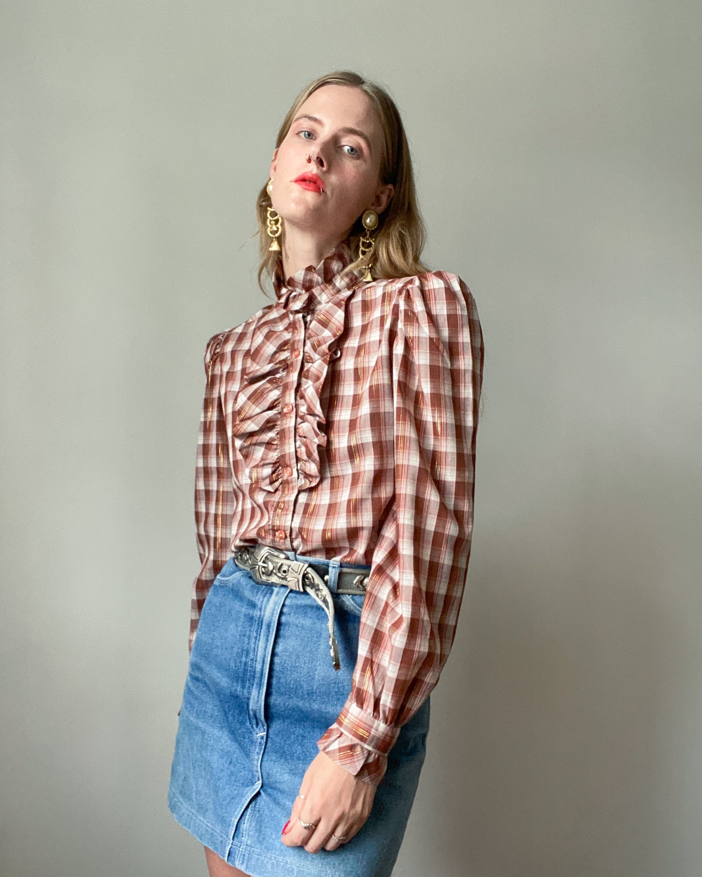 Western Plaid Glittery Blouse with Frills | Size S/M-M