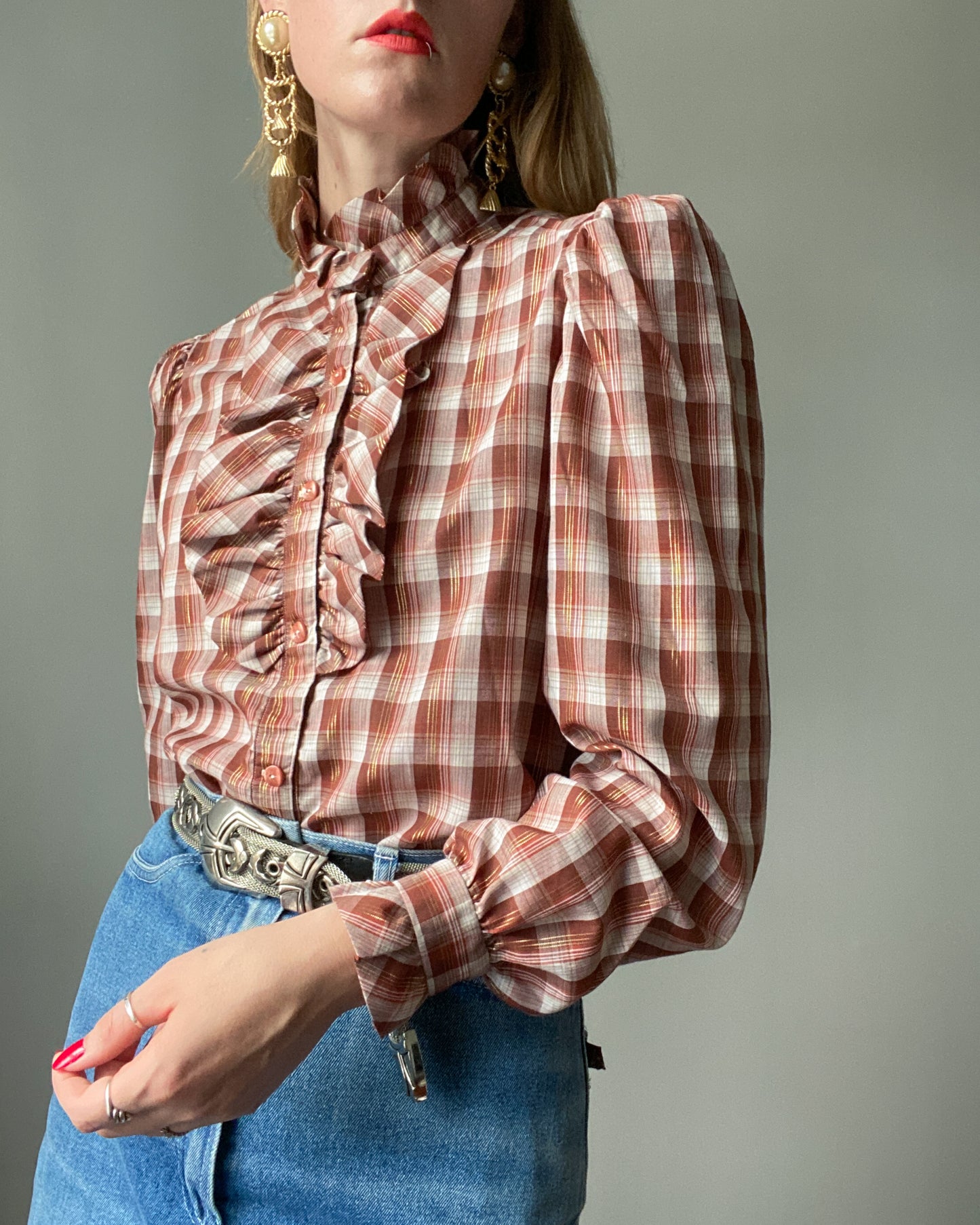 Western Plaid Glittery Blouse with Frills | Size S/M-M