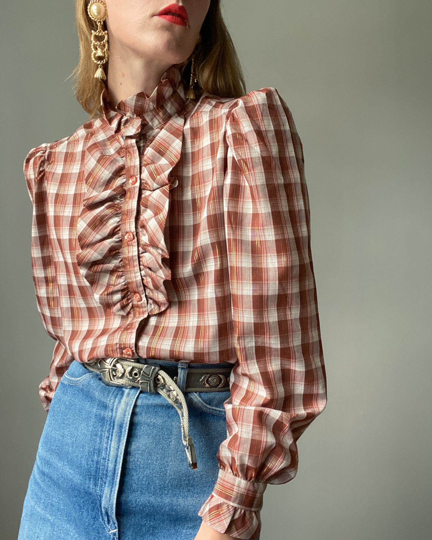 Western Plaid Glittery Blouse with Frills | Size S/M-M