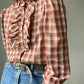 Western Plaid Glittery Blouse with Frills | Size S/M-M