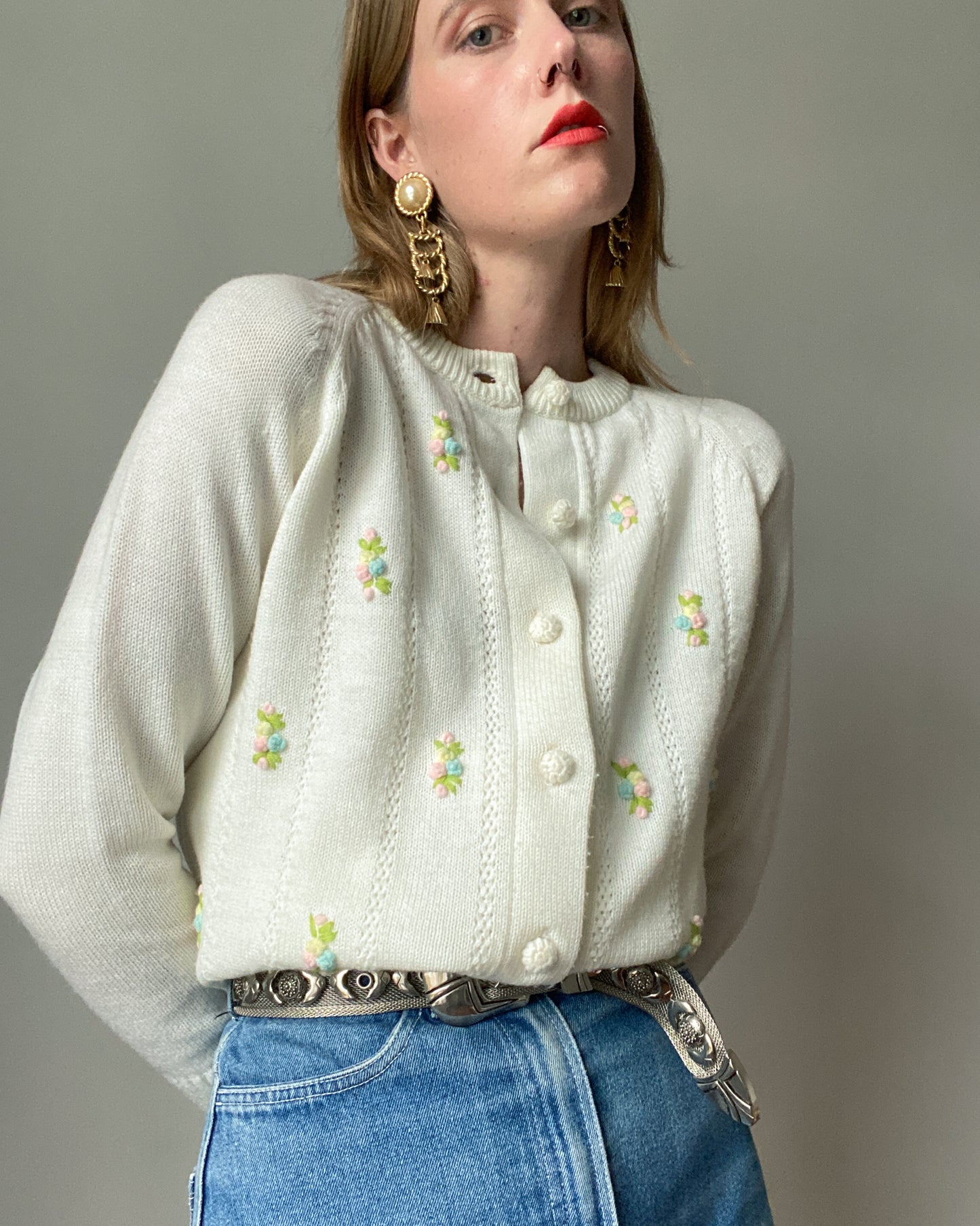 Vintage Cream Cardigan with Floral Embroidery | XS/S Size