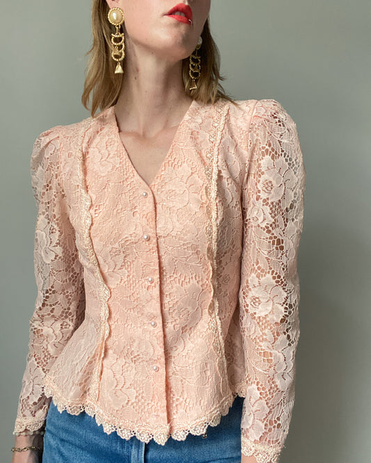 Vintage Peachy Lace Blouse | Size M