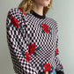 1980s Eaton Checkered & Rose Knit Sweater | Size S