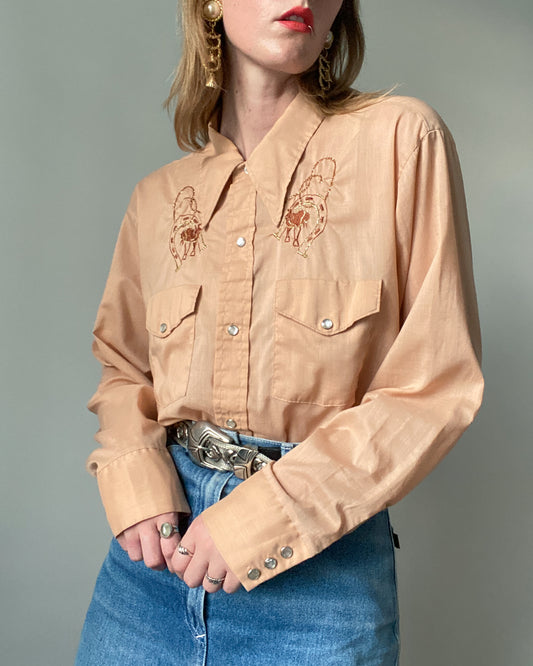 Western Beige Shirt with Horse Shoe Embroidery | Size XL