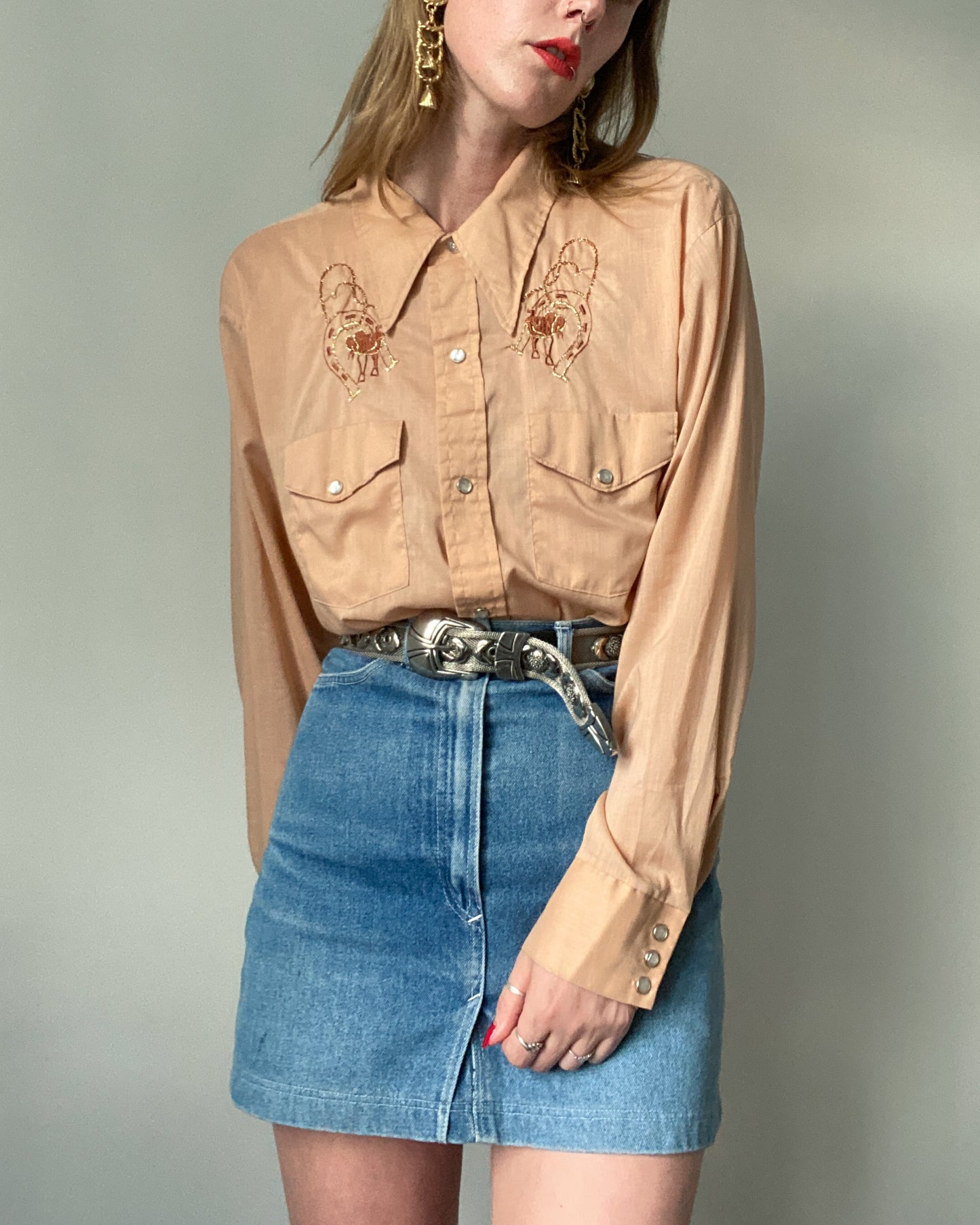 Western Beige Shirt with Horse Shoe Embroidery | Size XL