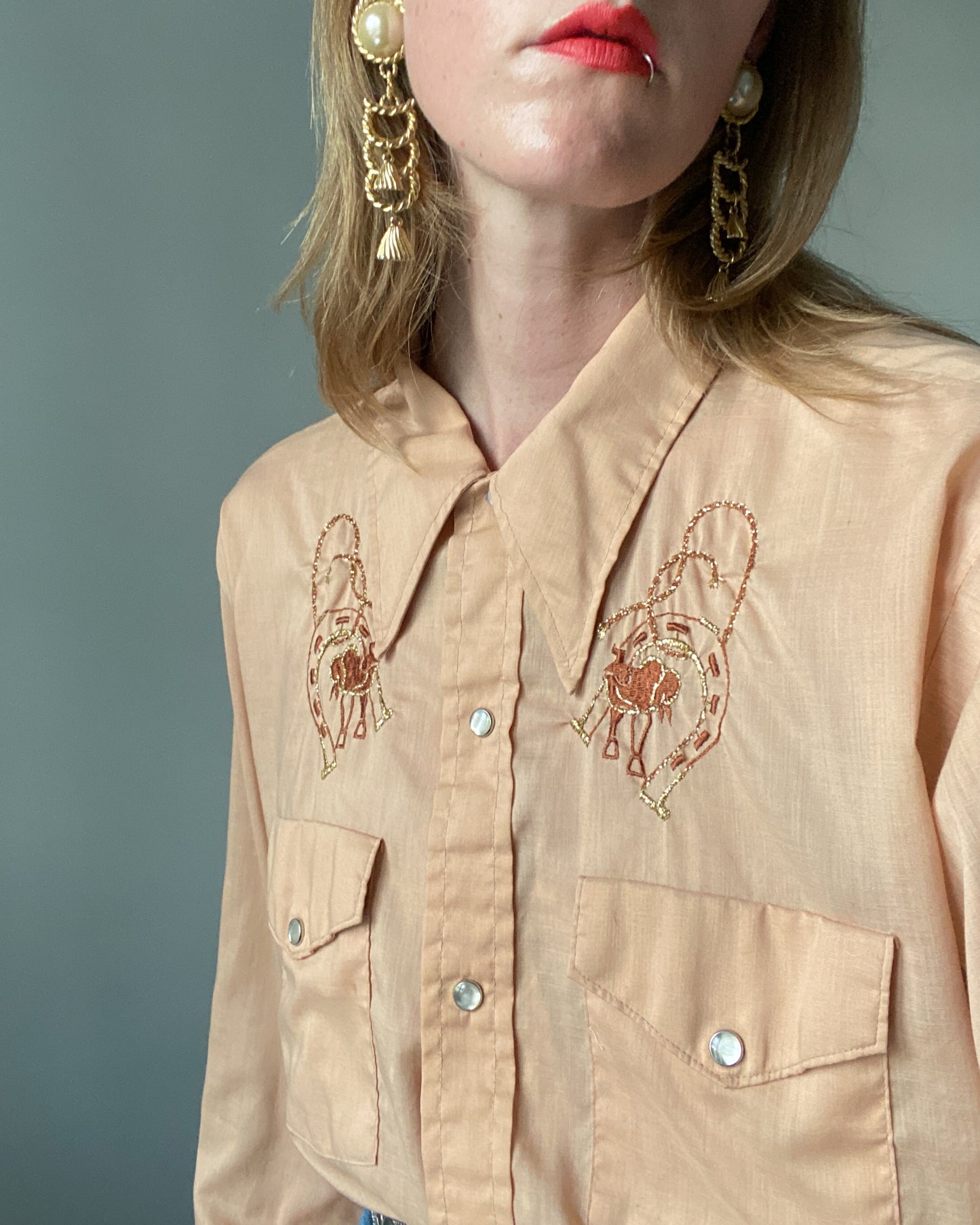 Western Beige Shirt with Horse Shoe Embroidery | Size XL