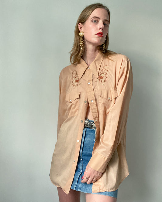 Western Beige Shirt with Horse Shoe Embroidery | Size XL