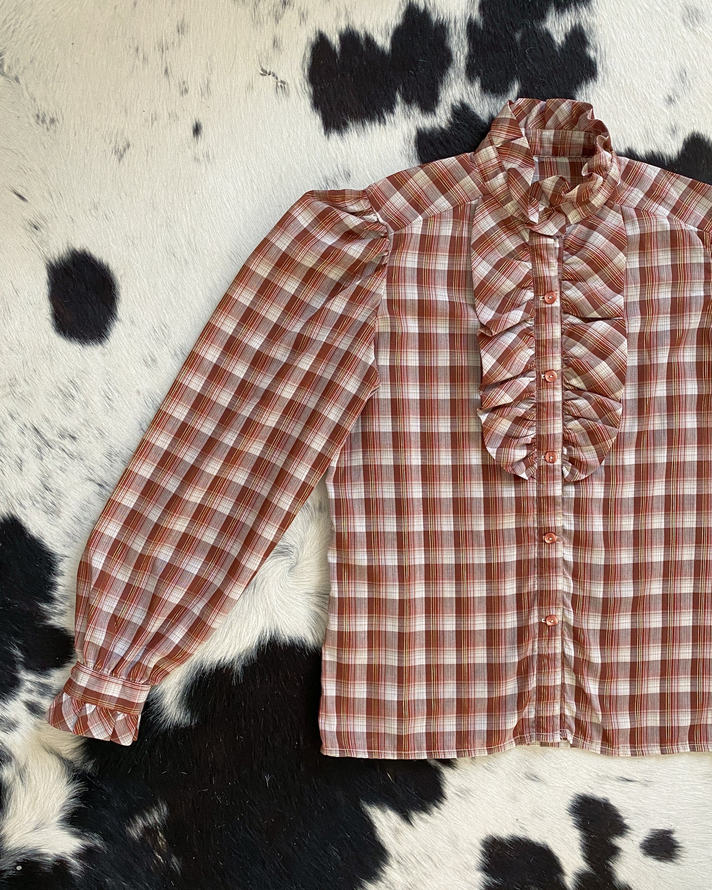 Western Plaid Glittery Blouse with Frills | Size S/M-M