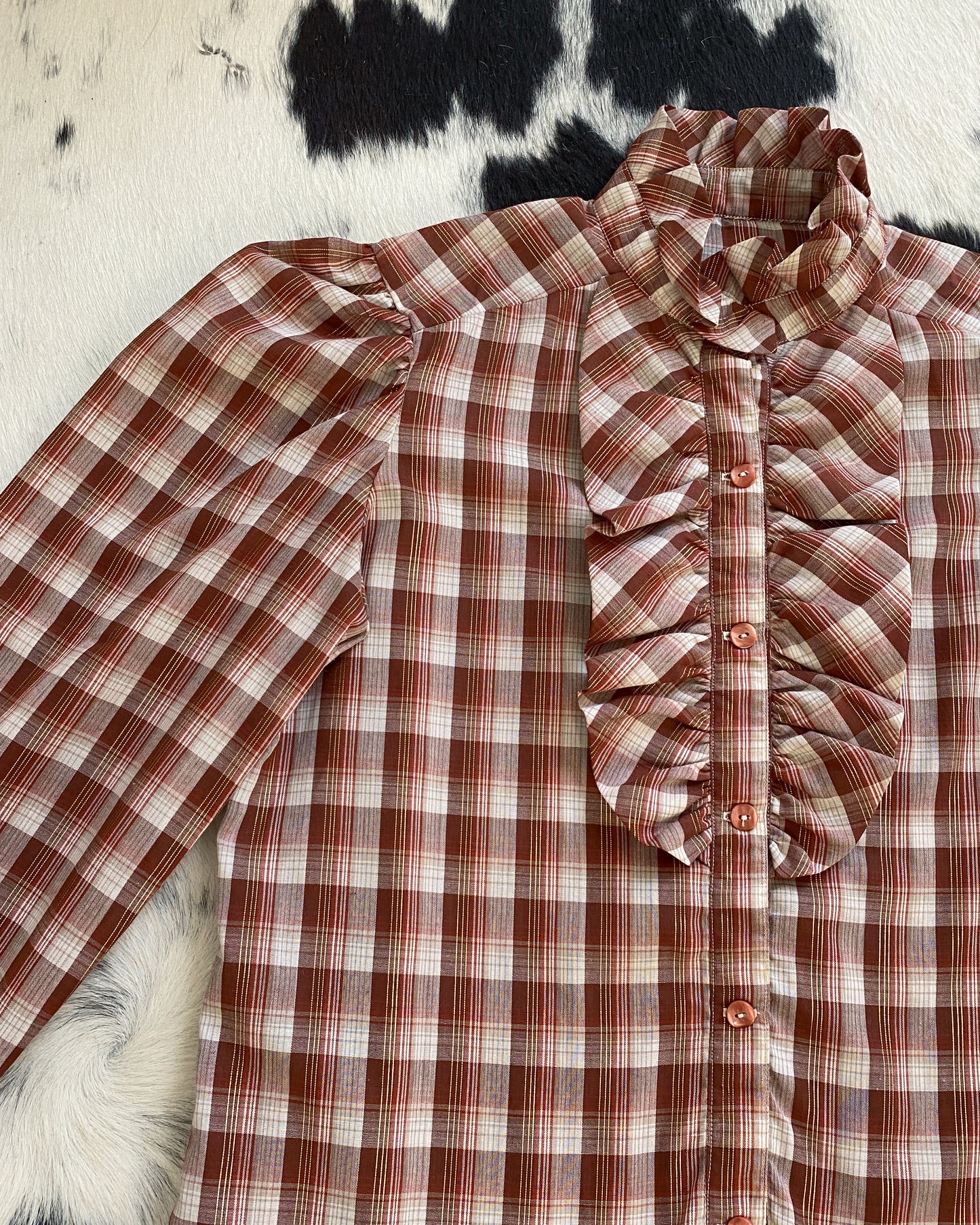 Western Plaid Glittery Blouse with Frills | Size S/M-M