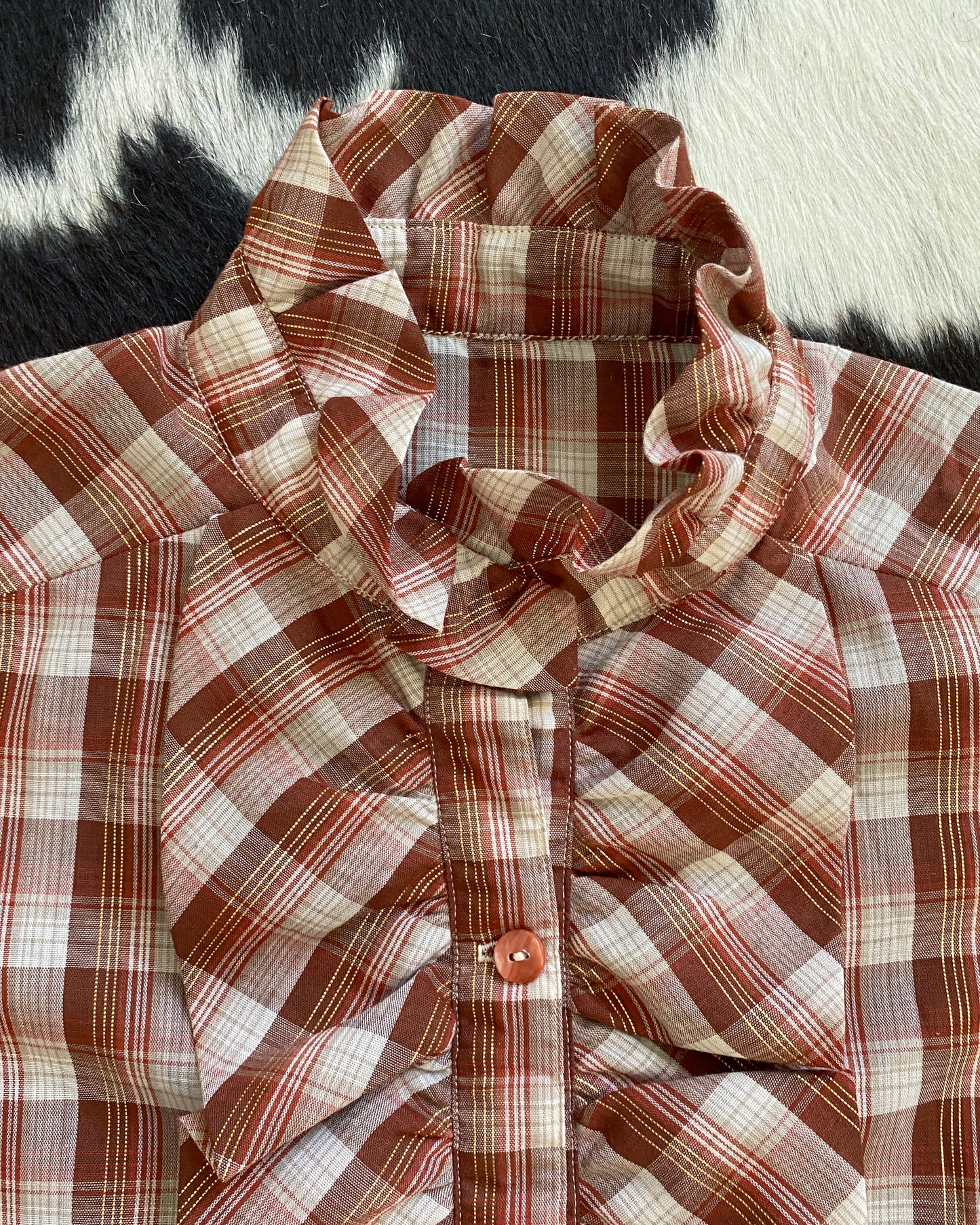 Western Plaid Glittery Blouse with Frills | Size S/M-M