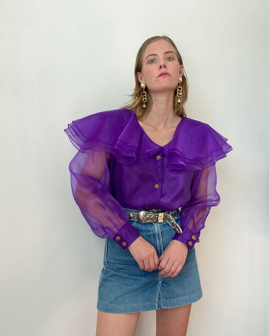 STUNNING 1980s Purple Organza Blouse | Size L