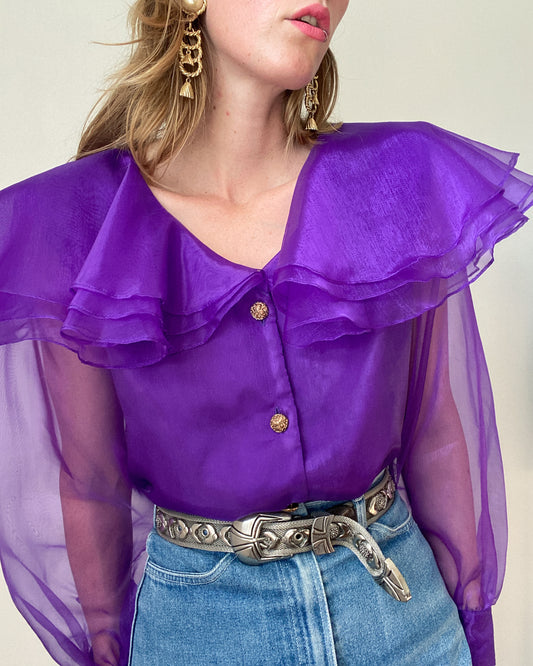 STUNNING 1980s Purple Organza Blouse | Size L