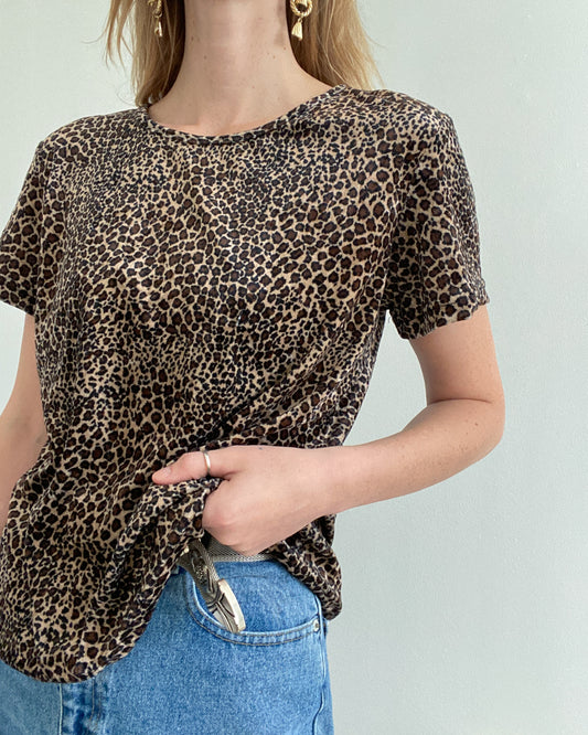 1990s Cheetah Print Velour Short Sleeve Top | Size L