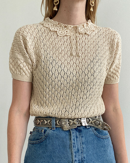 Cream Crochet Top with Floral Collar | Size XS-S