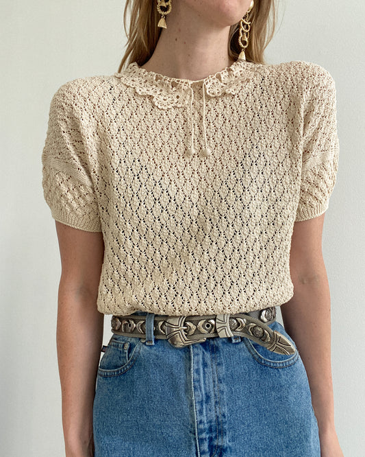 Cream Crochet Top with Floral Collar | Size XS-S