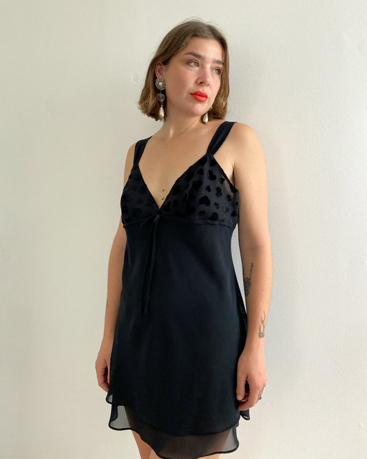 Black Mini Slip Dress with Velour Hearts | Size L/XL