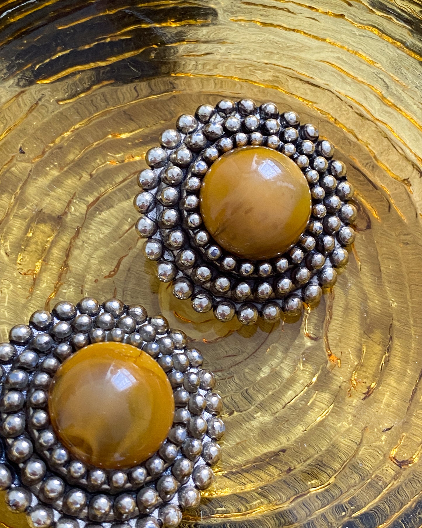 Vintage Silver & Amber Textured Clip-on Earrings