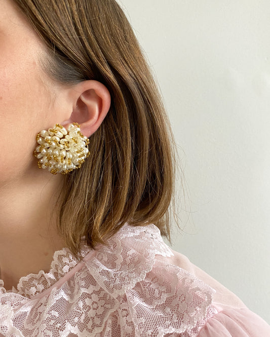 Vintage Pearly Beaded Clip On Earrings