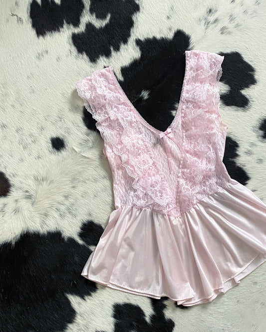 Baby Pink Lace Peplum Top, Made in USA | Size S-M