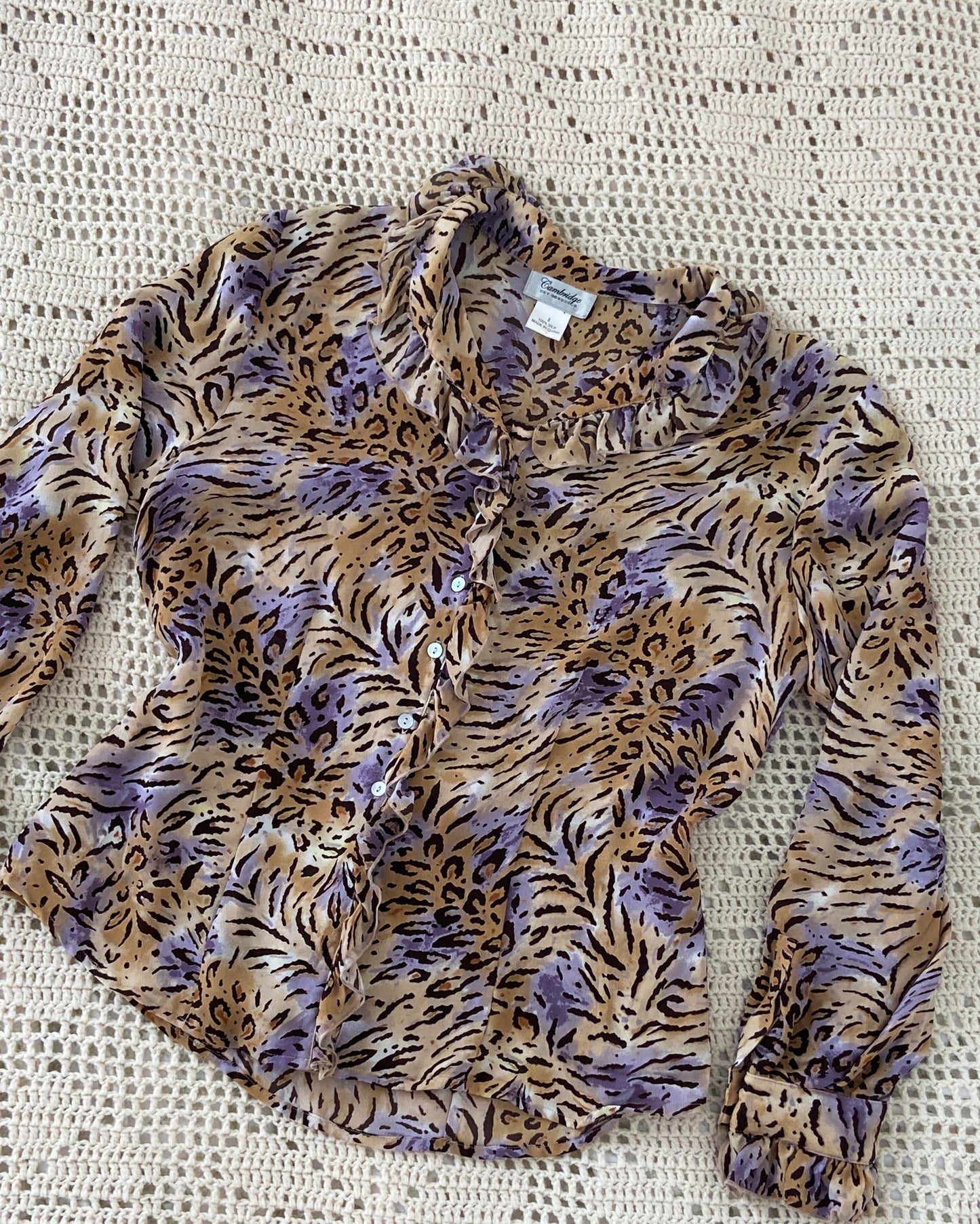 Frilly Animal Print Silk Blouse | Size M-L