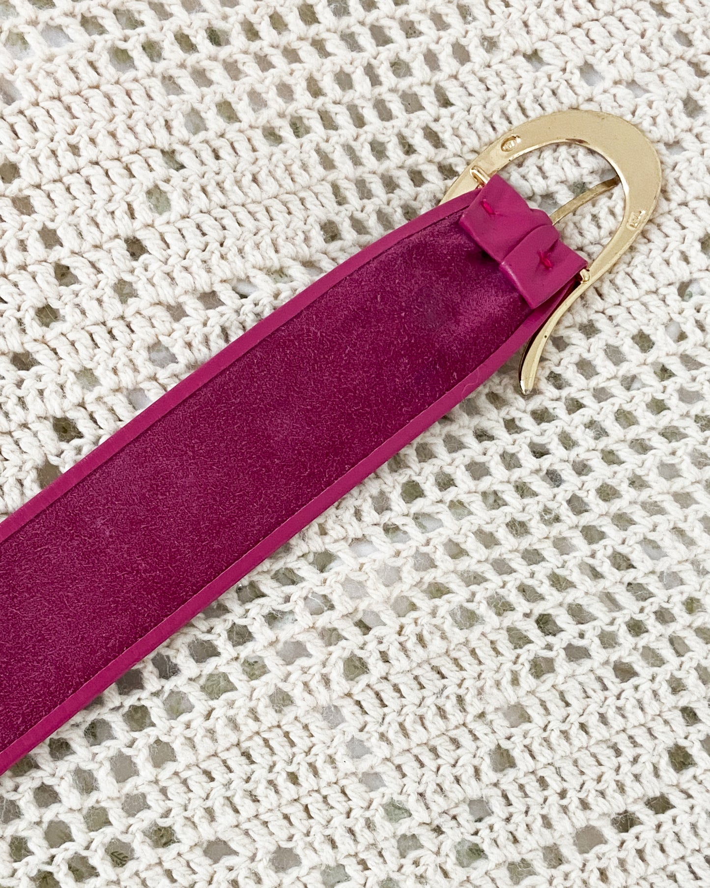 Vintage Magenta Leather Belt with Gold Buckle | 30-34" Waist