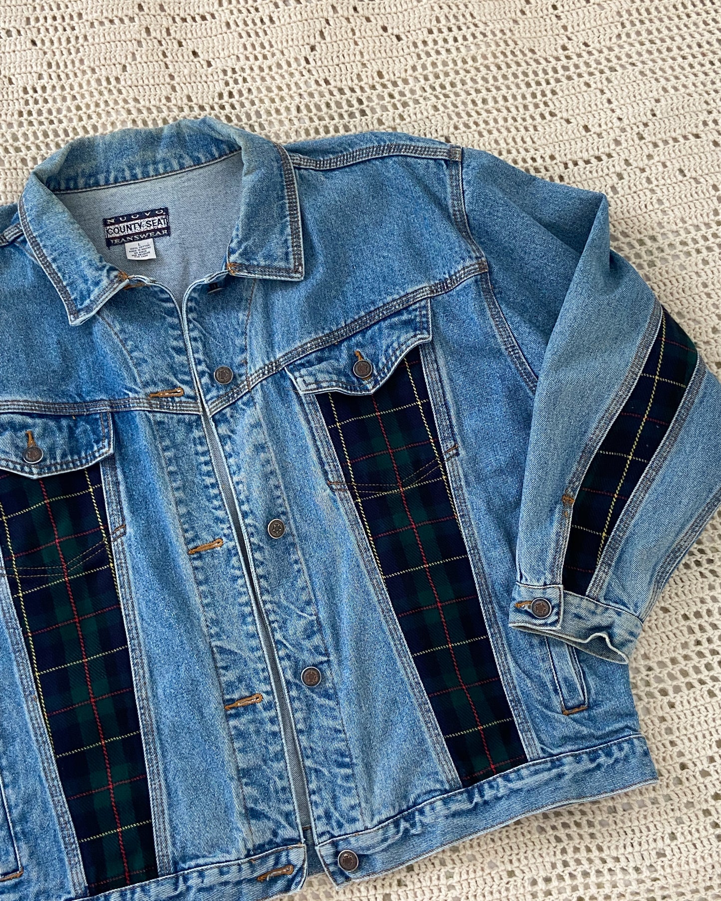 Vintage Denim Jacket With Plaid Detailing | L/XL Size