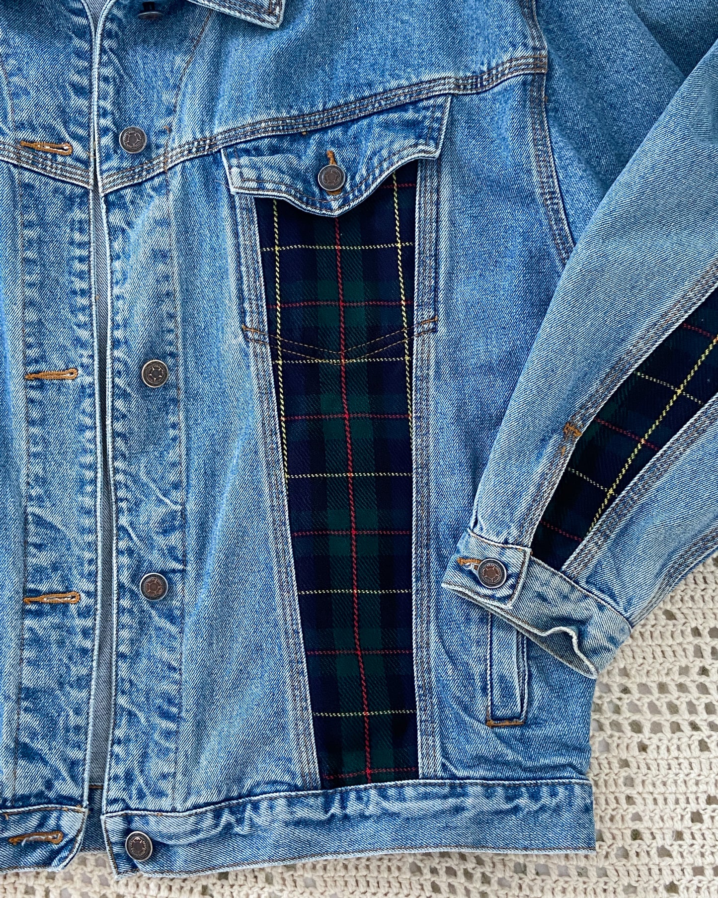 Vintage Denim Jacket With Plaid Detailing | L/XL Size