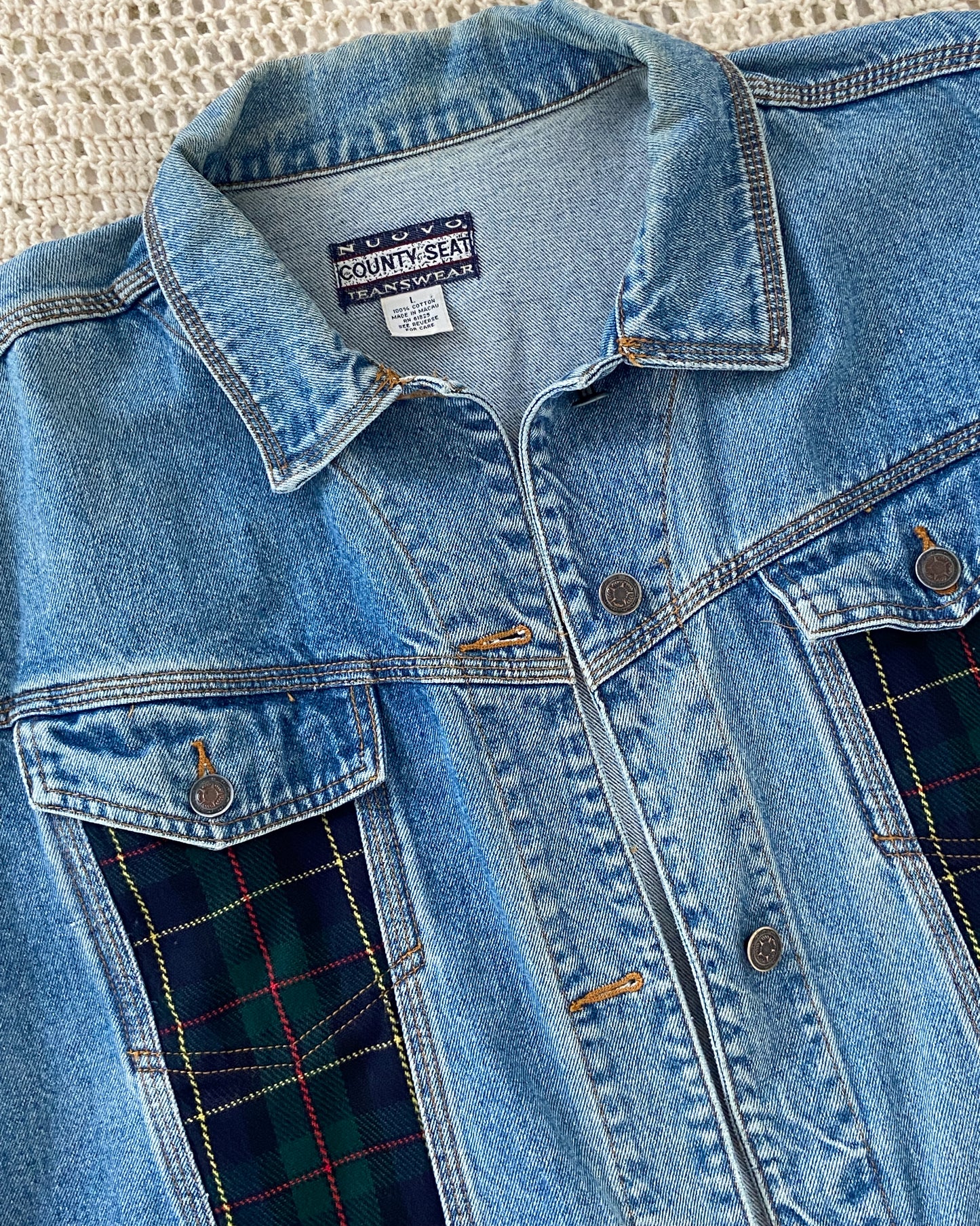 Vintage Denim Jacket With Plaid Detailing | L/XL Size