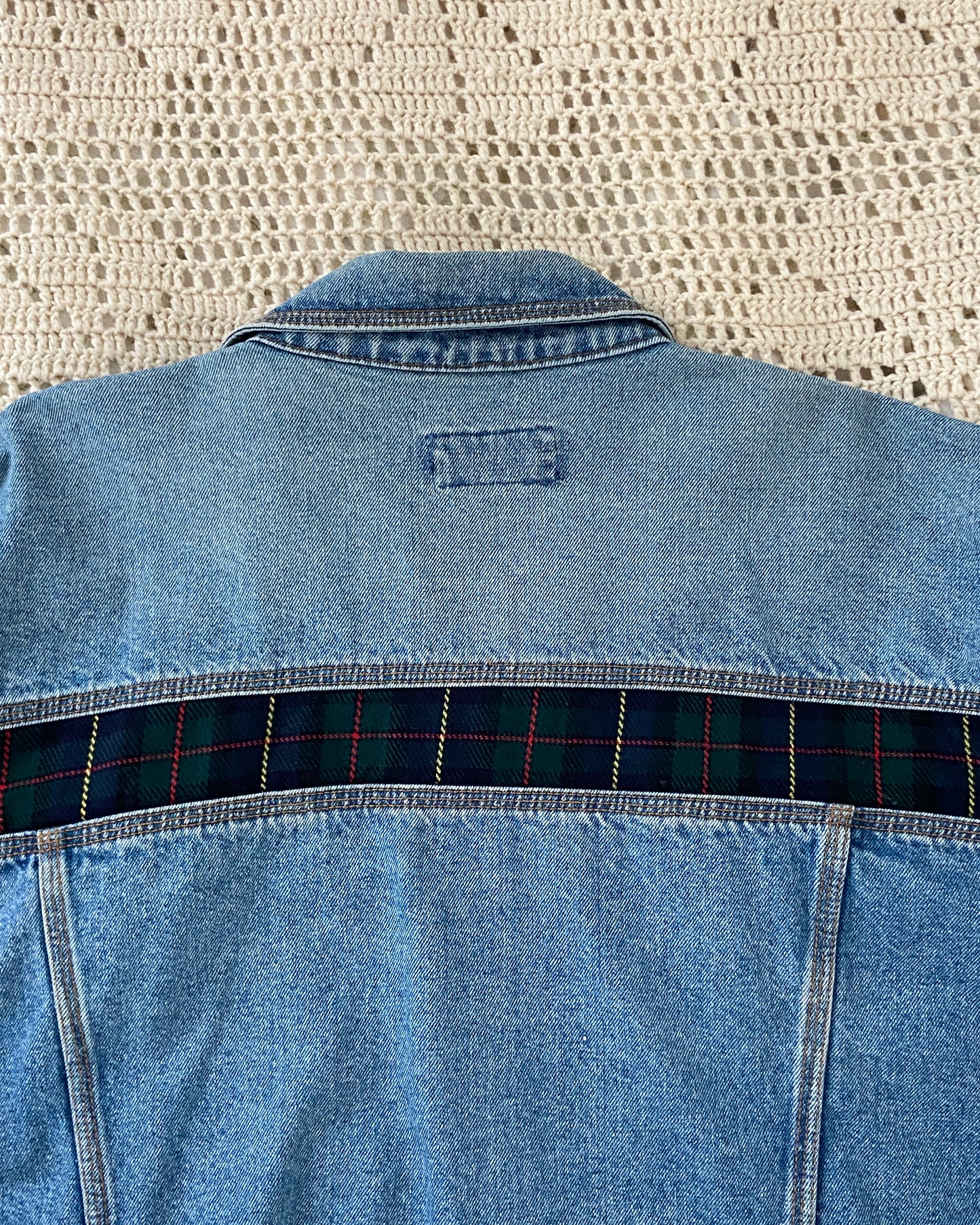 Vintage Denim Jacket With Plaid Detailing | L/XL Size