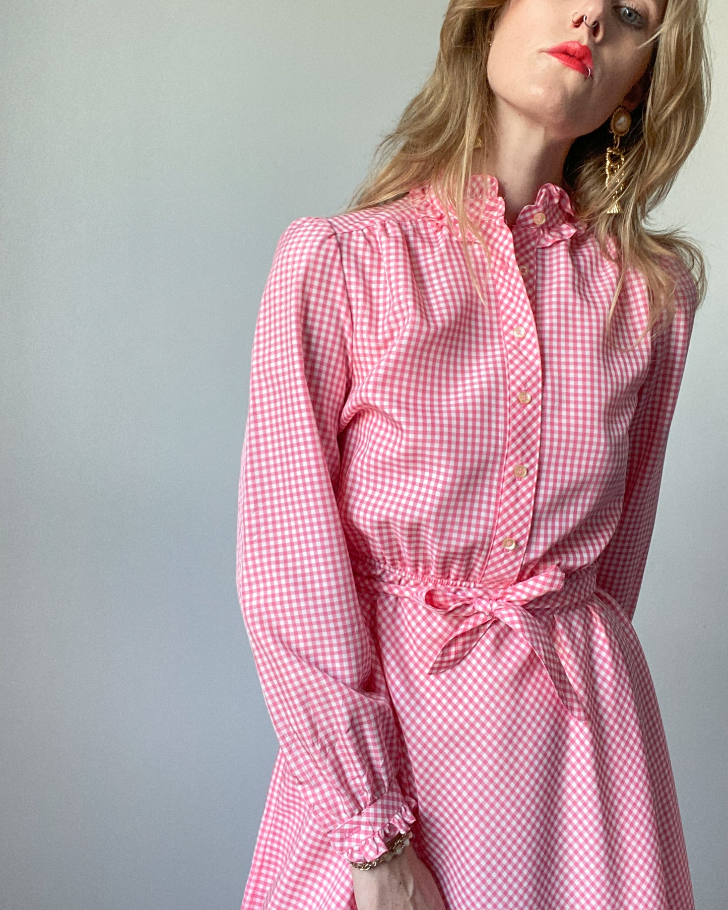 Vintage Pink Gingham Longsleeve Dress *DEADSTOCK | Size S