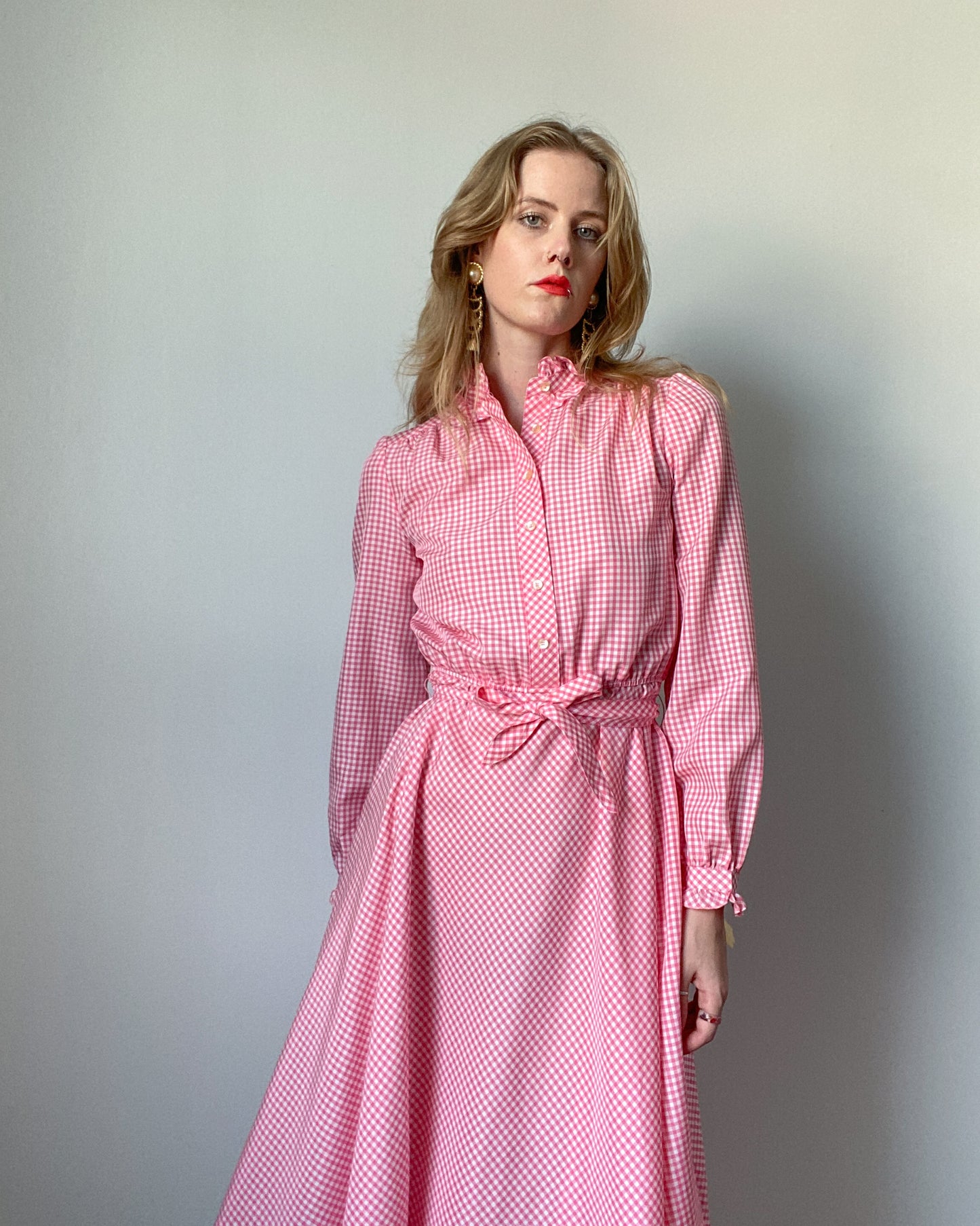 Vintage Pink Gingham Longsleeve Dress *DEADSTOCK | Size S