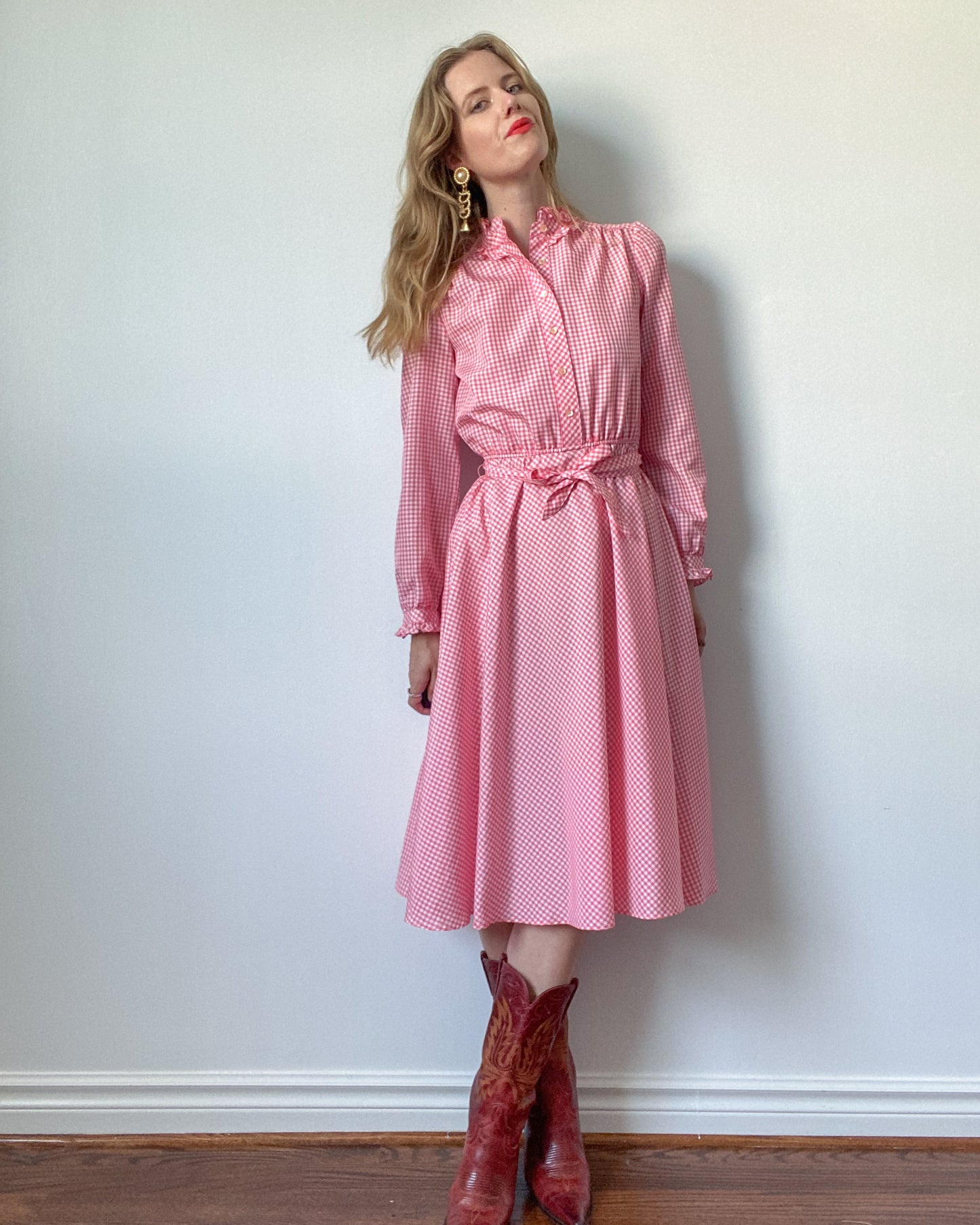 Vintage Pink Gingham Longsleeve Dress *DEADSTOCK | Size S