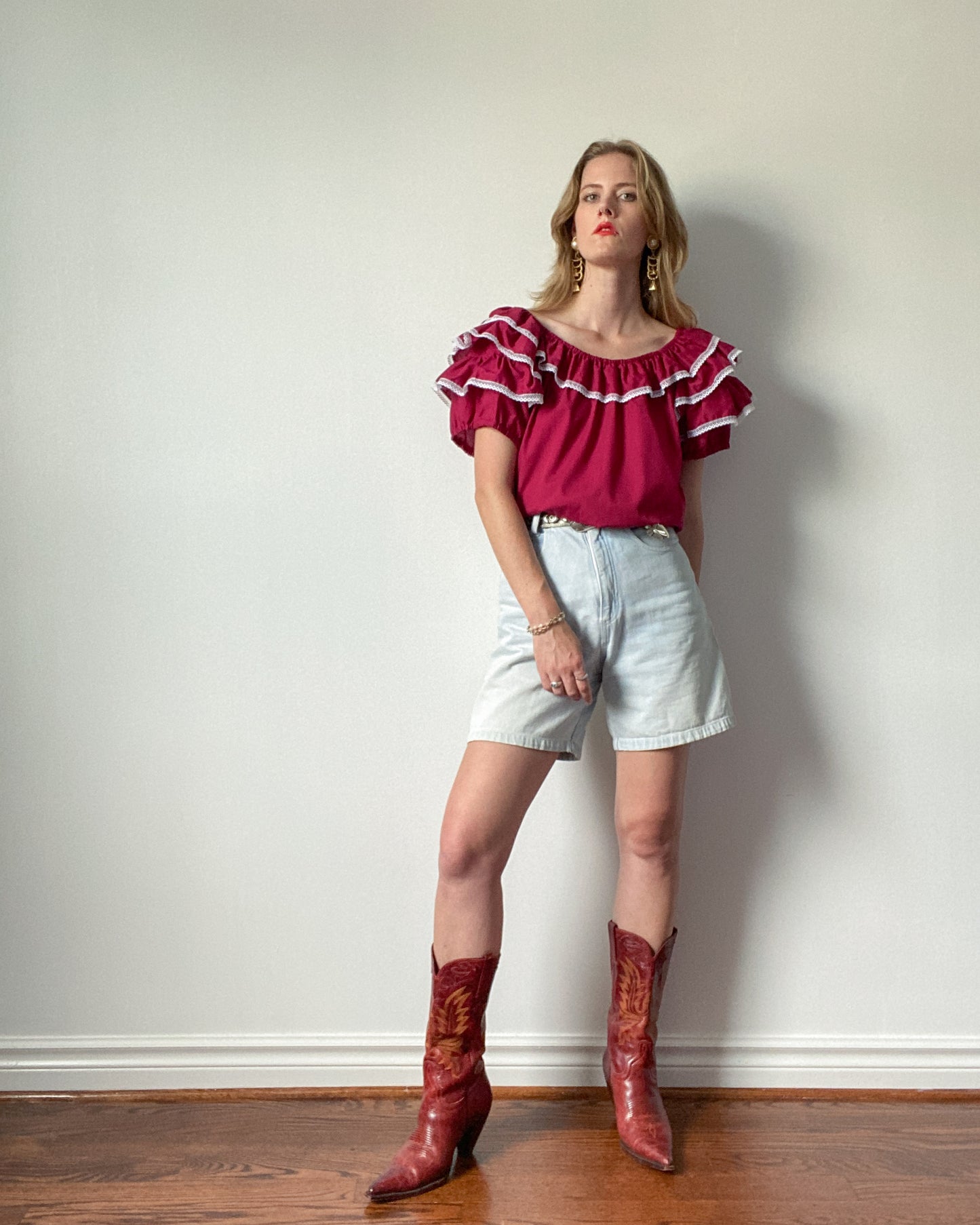 Vintage Maroon Frilly Blouse with Puff Sleeves | Size XL