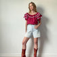 Vintage Maroon Frilly Blouse with Puff Sleeves | Size XL