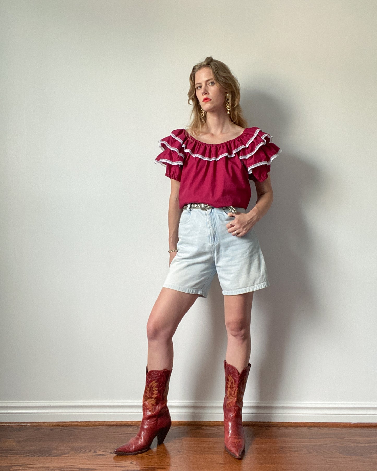 Vintage Maroon Frilly Blouse with Puff Sleeves | Size XL