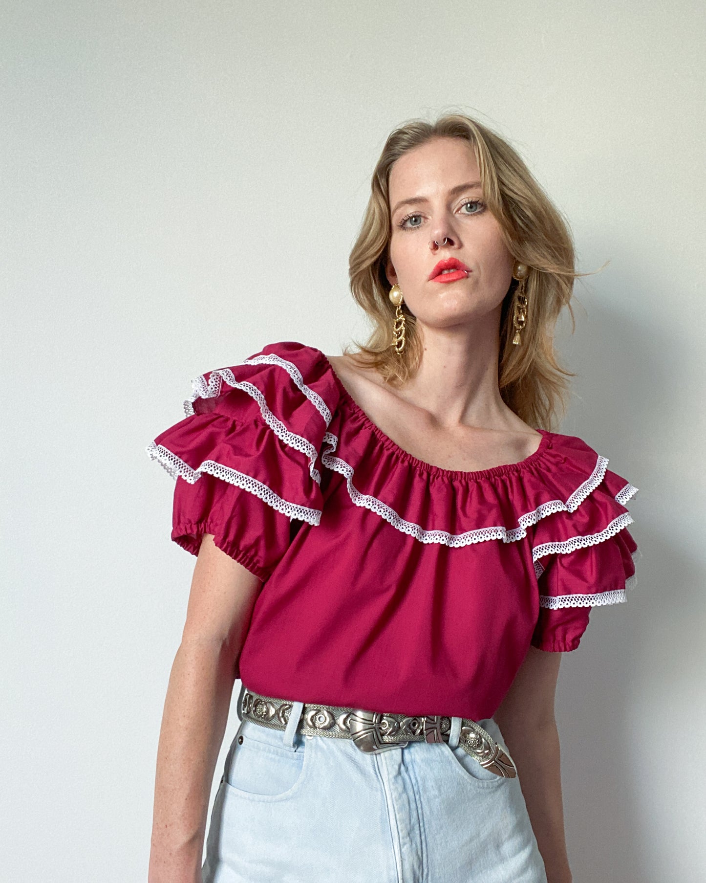 Vintage Maroon Frilly Blouse with Puff Sleeves | Size XL