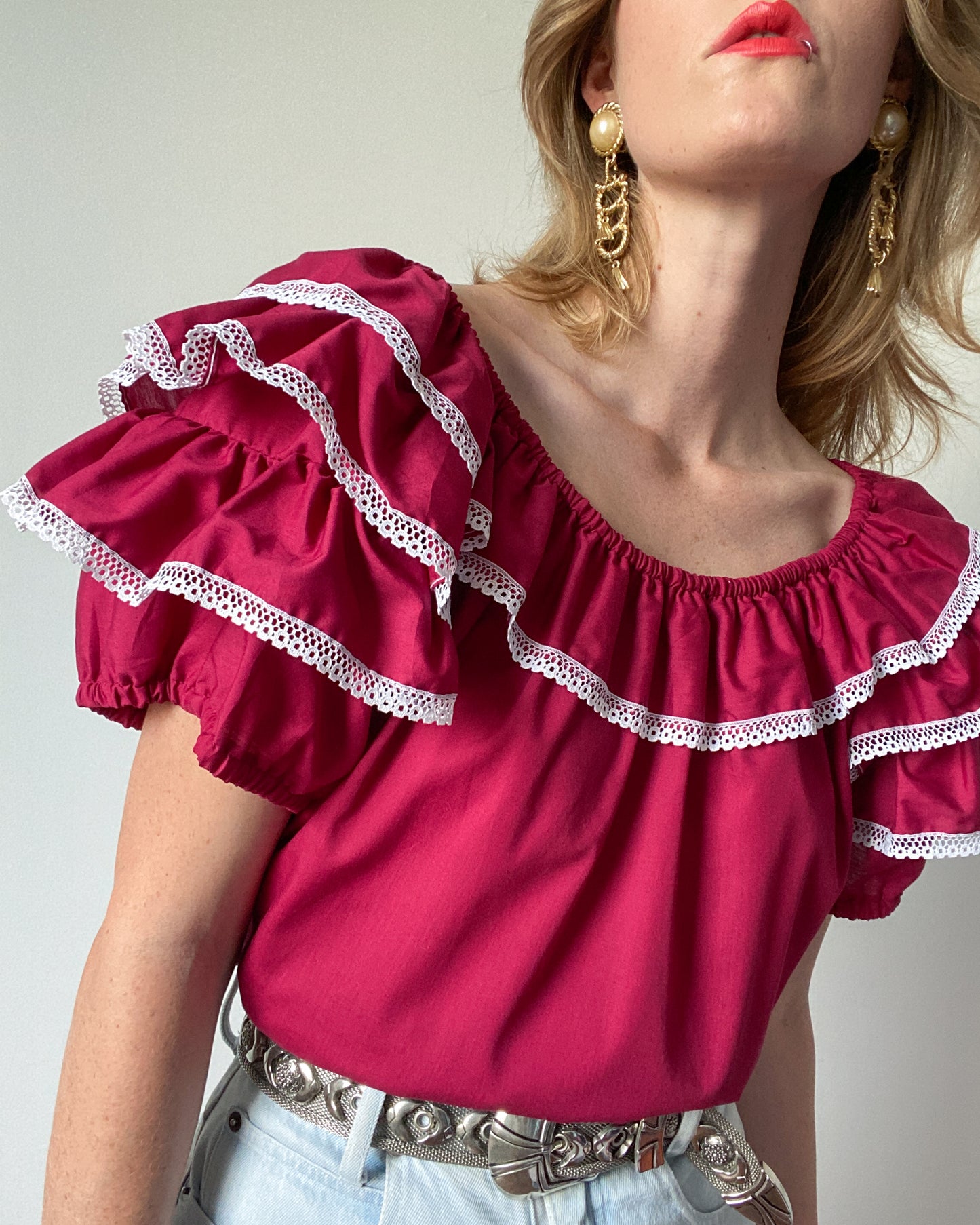 Vintage Maroon Frilly Blouse with Puff Sleeves | Size XL