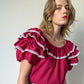Vintage Maroon Frilly Blouse with Puff Sleeves | Size XL