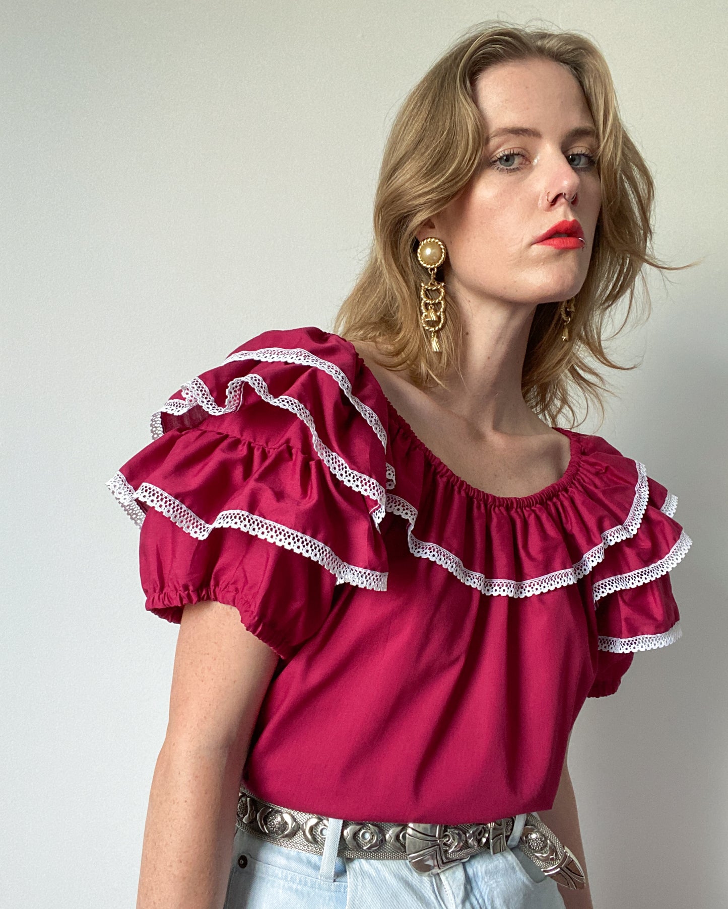 Vintage Maroon Frilly Blouse with Puff Sleeves | Size XL