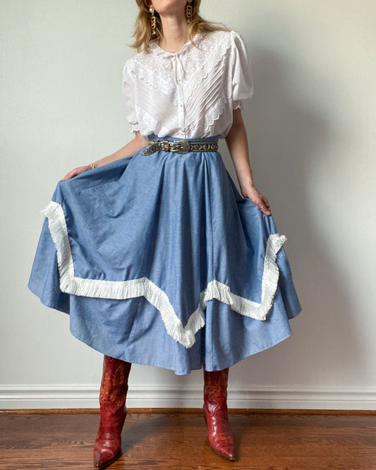 Vintage Blue Square Dancing Skirt with Fringe | 34"-35" Waist