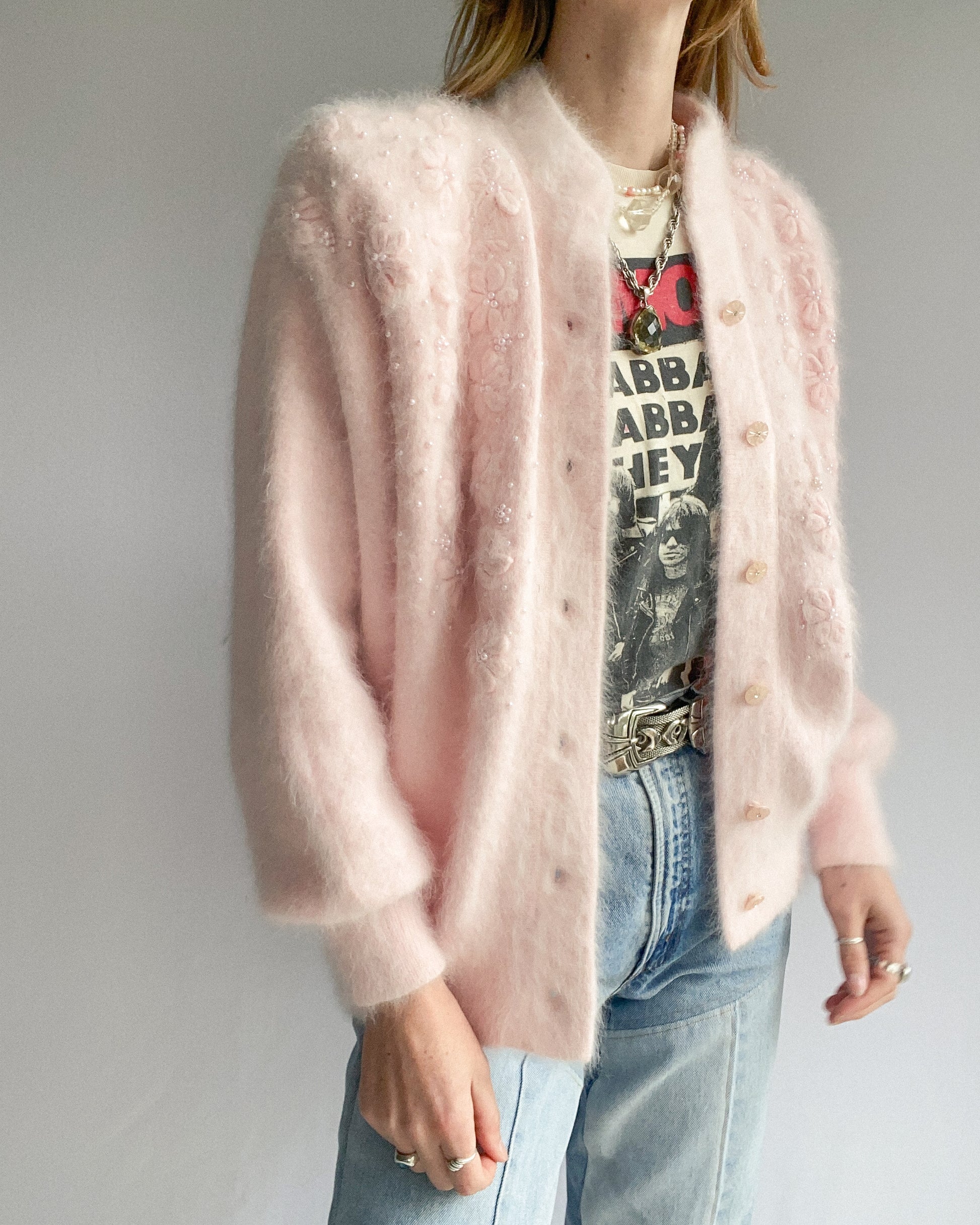 Vintage Baby Pink Angora Cardigan with Beads 14/16 – Silly Billy